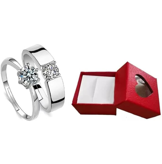 PRAACHIS Couple Finger Ring Combo for women girls Men Boys girlfriend lovers CZ AD Solitaire Rings Proposal American diamond Stylish Valentine Gifts Platinum Silver Love Heart Single Adjustable