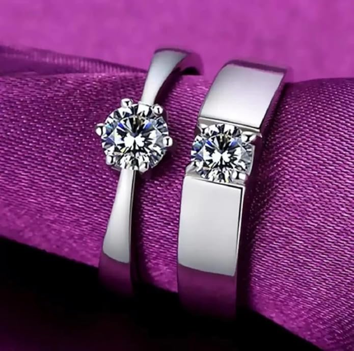 PRAACHIS Couple Finger Ring Combo for women girls Men Boys girlfriend lovers CZ AD Solitaire Rings Proposal American diamond Stylish Valentine Gifts Platinum Silver Love Heart Single Adjustable