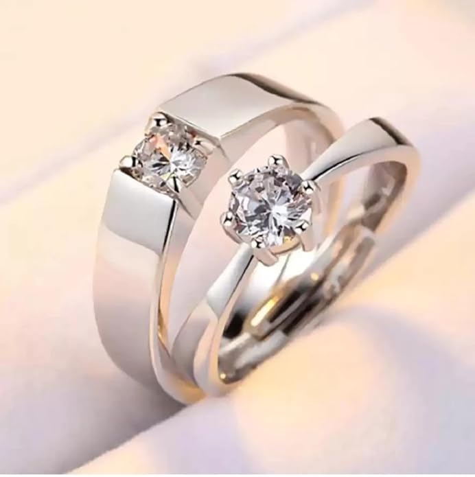 PRAACHIS Couple Finger Ring Combo for women girls Men Boys girlfriend lovers CZ AD Solitaire Rings Proposal American diamond Stylish Valentine Gifts Platinum Silver Love Heart Single Adjustable