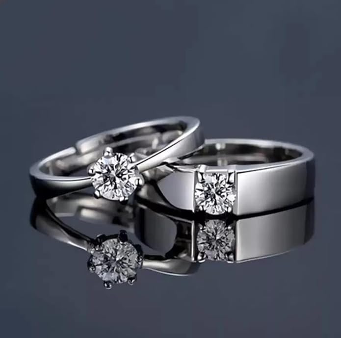 PRAACHIS Couple Finger Ring Combo for women girls Men Boys girlfriend lovers CZ AD Solitaire Rings Proposal American diamond Stylish Valentine Gifts Platinum Silver Love Heart Single Adjustable